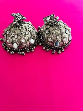 Fabulous exquisite large Antique-Style Jhumka Earrings - w Mirror Accents